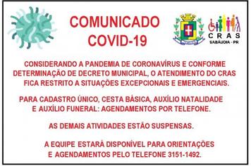 CRAS divulga funcionamento diferenciado na prevenção do Coronavírus.