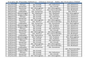 Secretaria Municipal de Saúde divulga escala de plantão médico para mês de outubro.