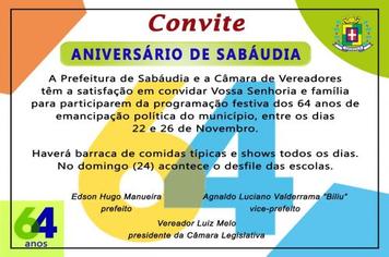 Sabáudia comemora 64 anos e o convidado e convidada mais importante é você! Venha festejar com a gente o aniversário da nossa linda cidade.