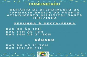 Farmácia básica do Pronto Atendimento Municipal Santa Terezinha conta agora com horário estendido. Confira os horários.