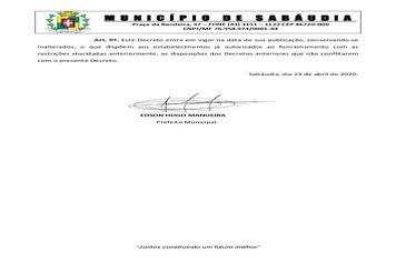 Sabáudia publica novo decreto orientando a abertura de bancos, feiras livres e realização de velórios