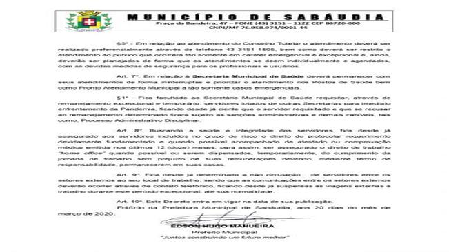 Prefeito de Sabáudia decreta fechamento de comércio local