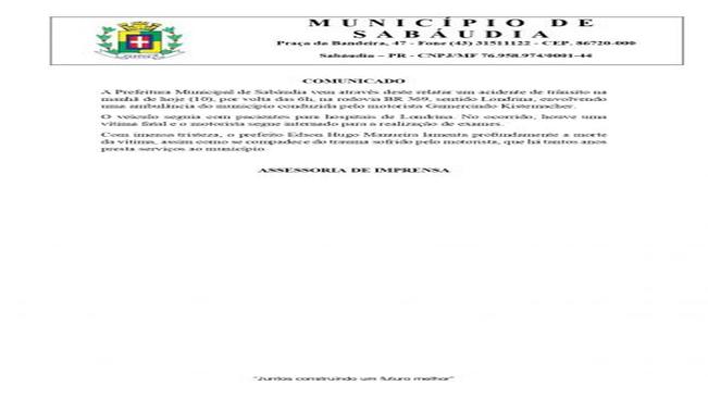 Comunicado - Acidente de Trânsito.