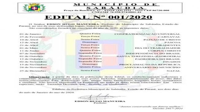 Confira os feriados de 2020.