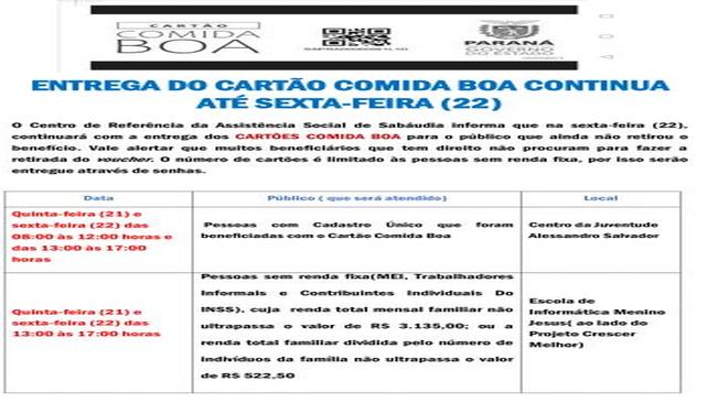 ENTREGA DO CARTÃO COMIDA BOA CONTINUA ATÉ SEXTA-FEIRA (22)