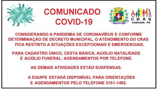 CRAS divulga funcionamento diferenciado na prevenção do Coronavírus.
