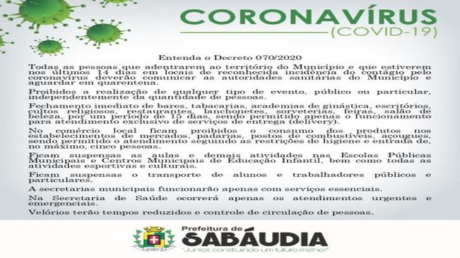Entenda o Decreto Municipal 070/2020 de combate ao CORONAVÍRUS.