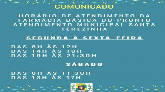 Farmácia básica do Pronto Atendimento Municipal Santa Terezinha conta agora com horário estendido. Confira os horários.