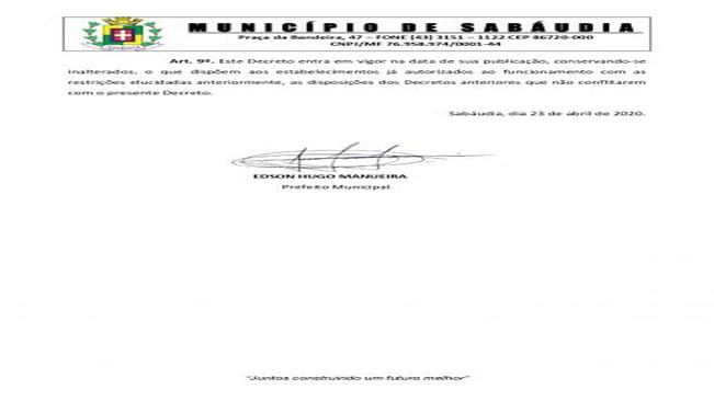 Sabáudia publica novo decreto orientando a abertura de bancos, feiras livres e realização de velórios