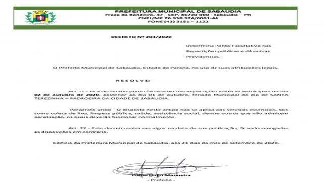 DECRETO PADROEIRA DO MUNICÍPIO